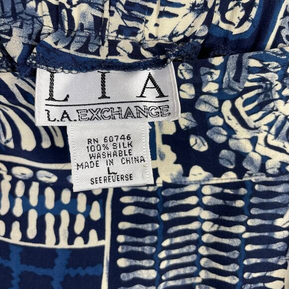 Vintage Silk Faux Wrap midi Skirt Blue Tribal Batik Artsy Tie Dye Patchwork L - Picture 8 of 8